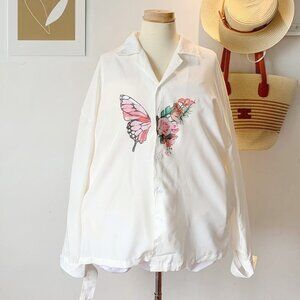 Butterfly Floral Print Button Up Blouse